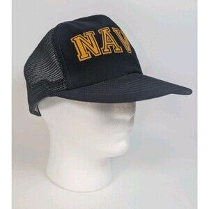 Vintage USA Made NAVY Trucker Hat Snapback Mesh Cap Navy Yellow Military OSFA